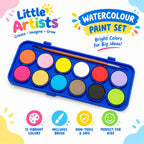 A watercolor paint palette with 12 round pans of paint in various colors, a blue plastic case, and two small brushes, shown with a clear plastic carrying lid partially open.