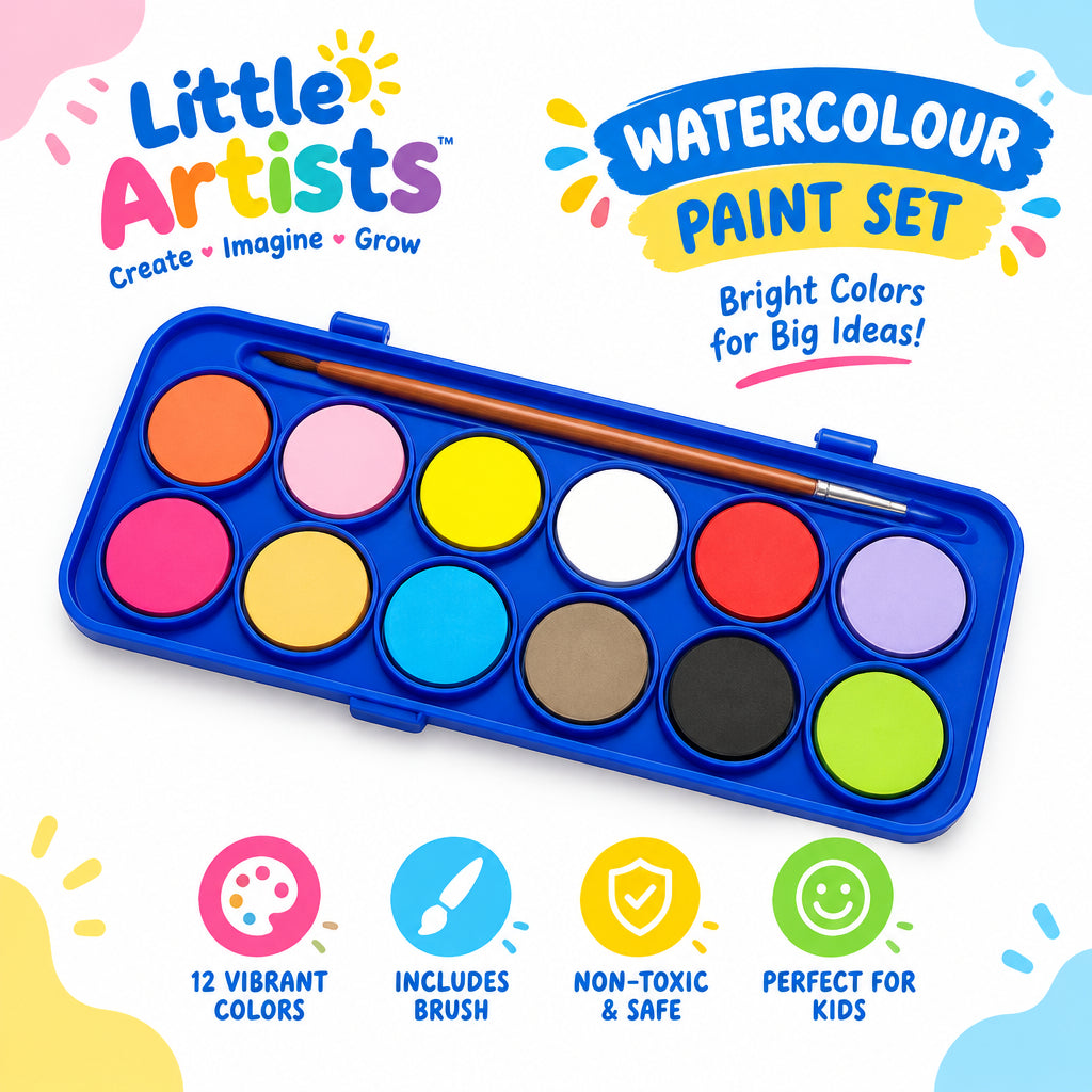 A watercolor paint palette with 12 round pans of paint in various colors, a blue plastic case, and two small brushes, shown with a clear plastic carrying lid partially open.
