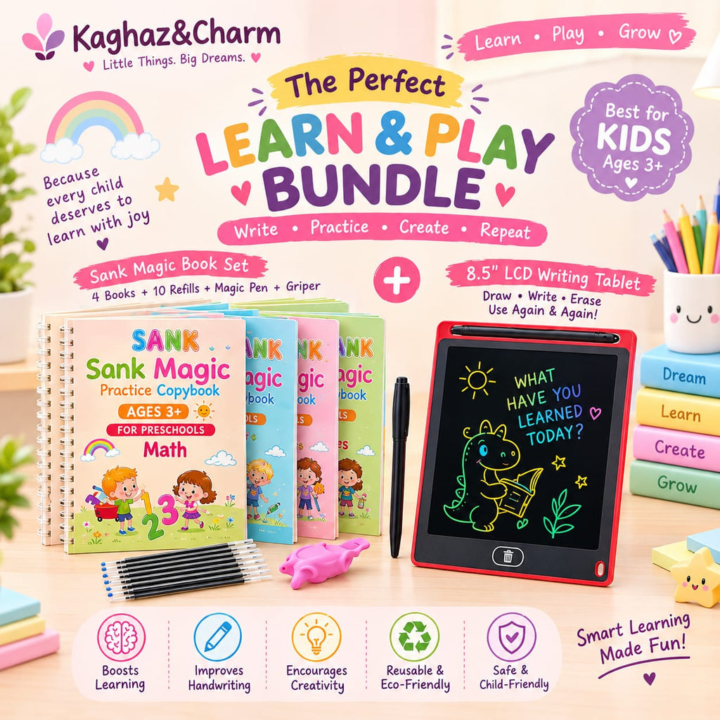 Kids Learning Bundle – 4 Sank Magic Practice Books + 10 Refills + Magic Pen + Gripper + 8.5" LCD Writing Tablet | Reusable Handwriting Practice Set