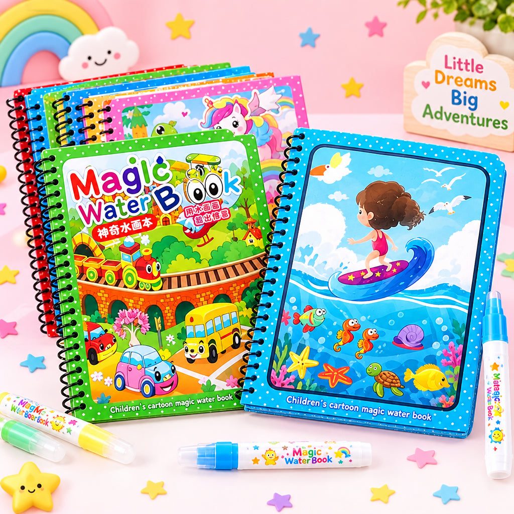 Children's Magic Water Book with colorful cover and water-reactive design on a pink background