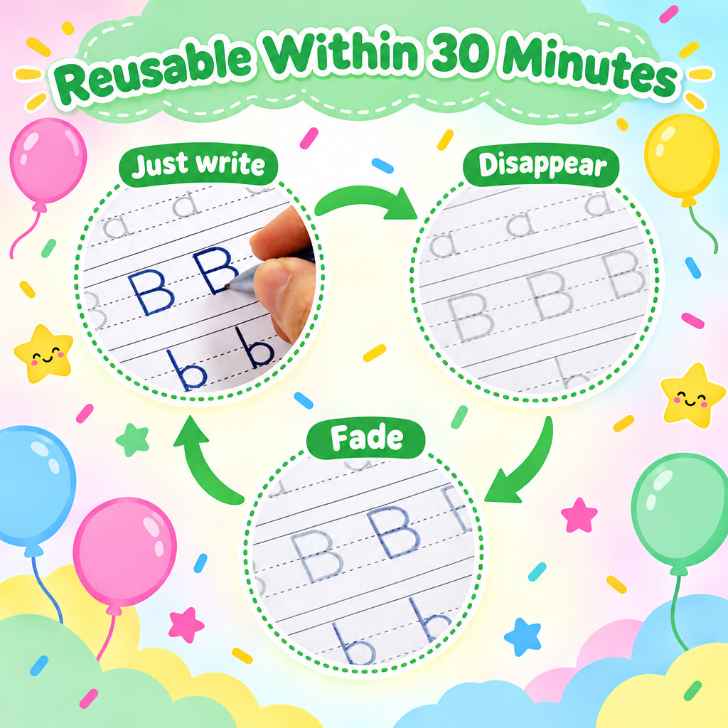 Reusable writing practice sheets for children with text 'Reusable Within 30 Minutes' and arrows indicating the writing process.