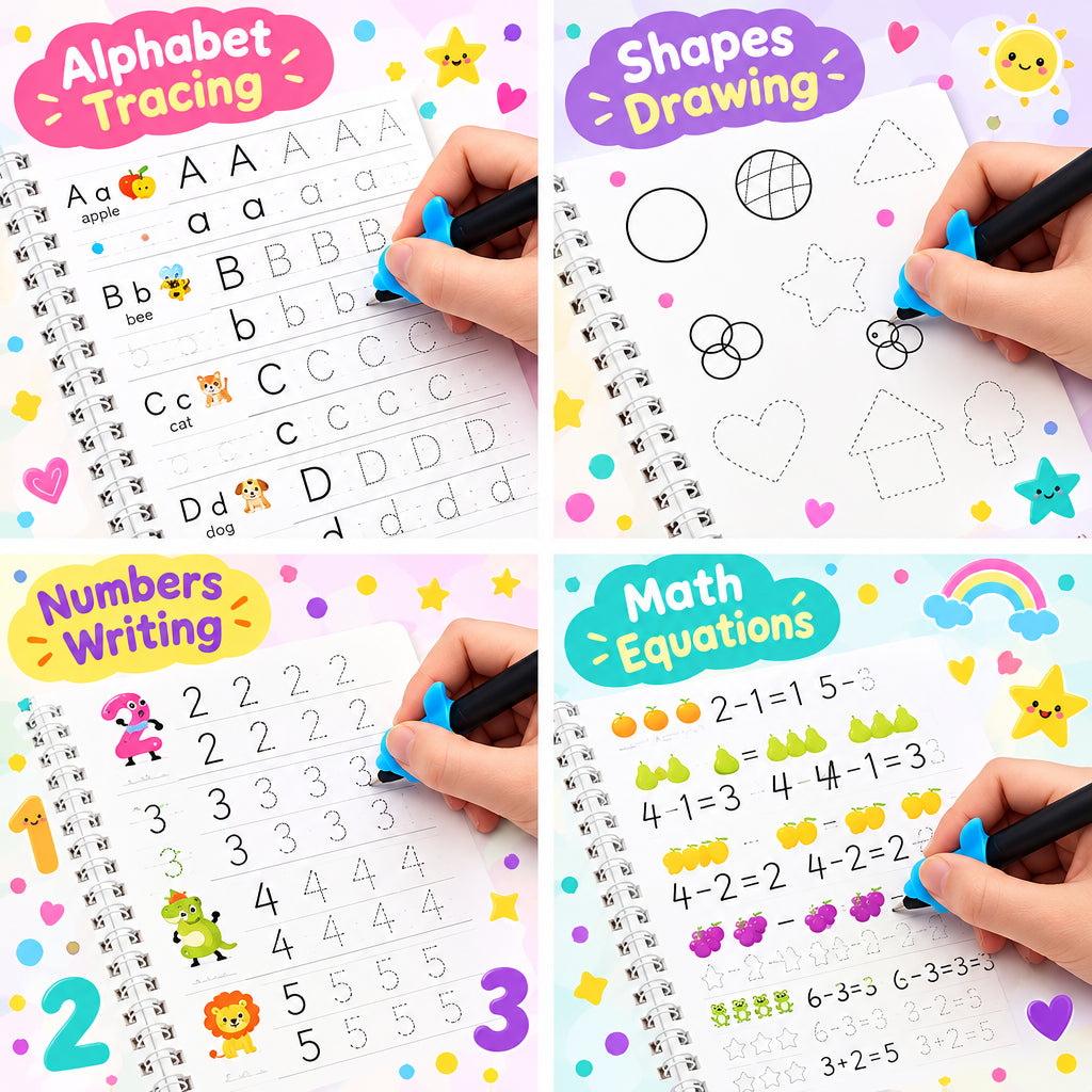 Collage of hands using a blue eraser on educational worksheets with letters, numbers, and shapes.