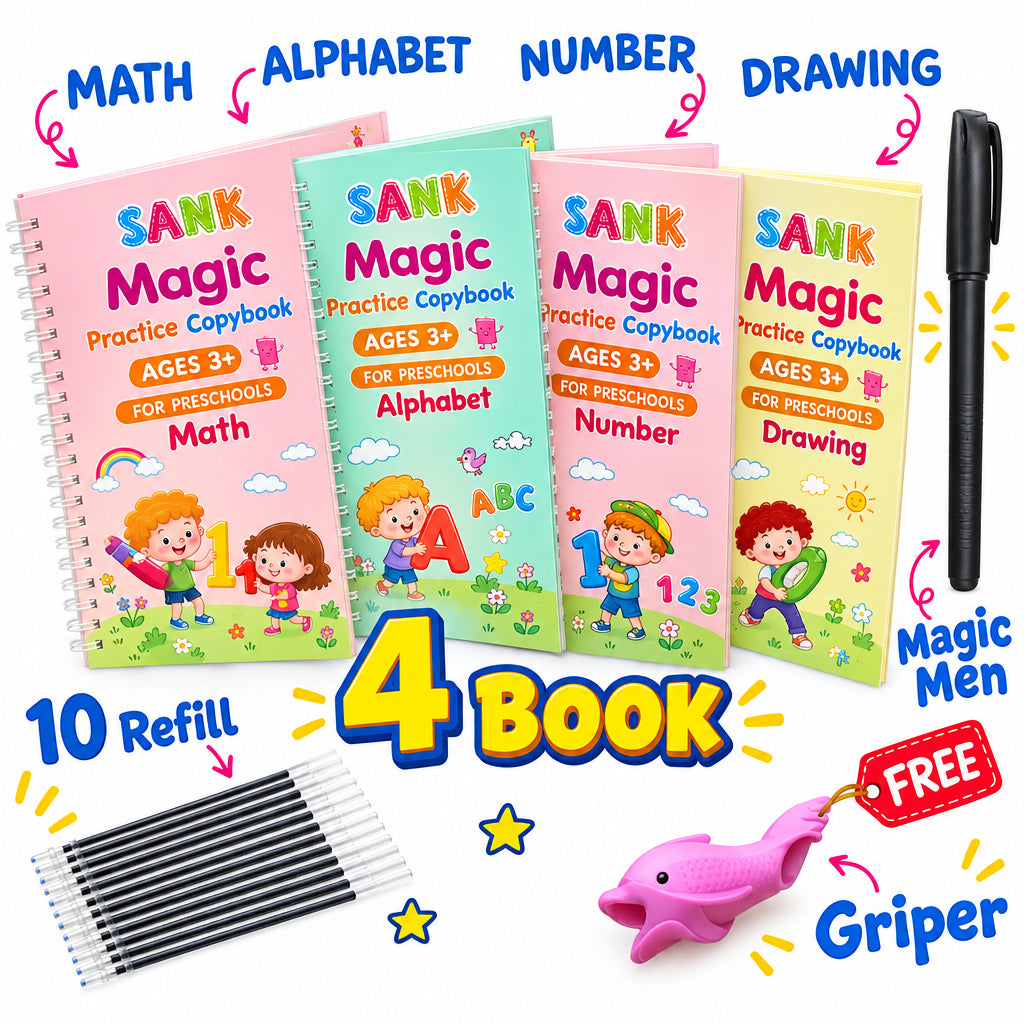 Four colorful spiral-bound SANK Magic pybook practice copybooks for preschool math, shown with a black pen, 10 refill sticks, and a pink gripper on a white background with promotional text.