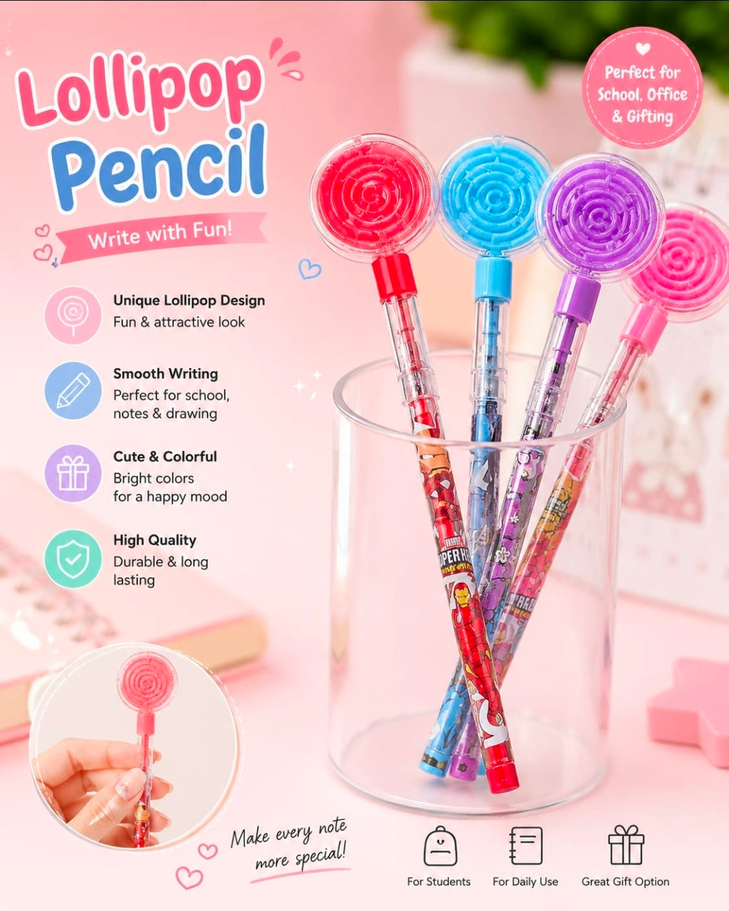 Lollipop Design Gaming Stackable Pencils SET OF 3