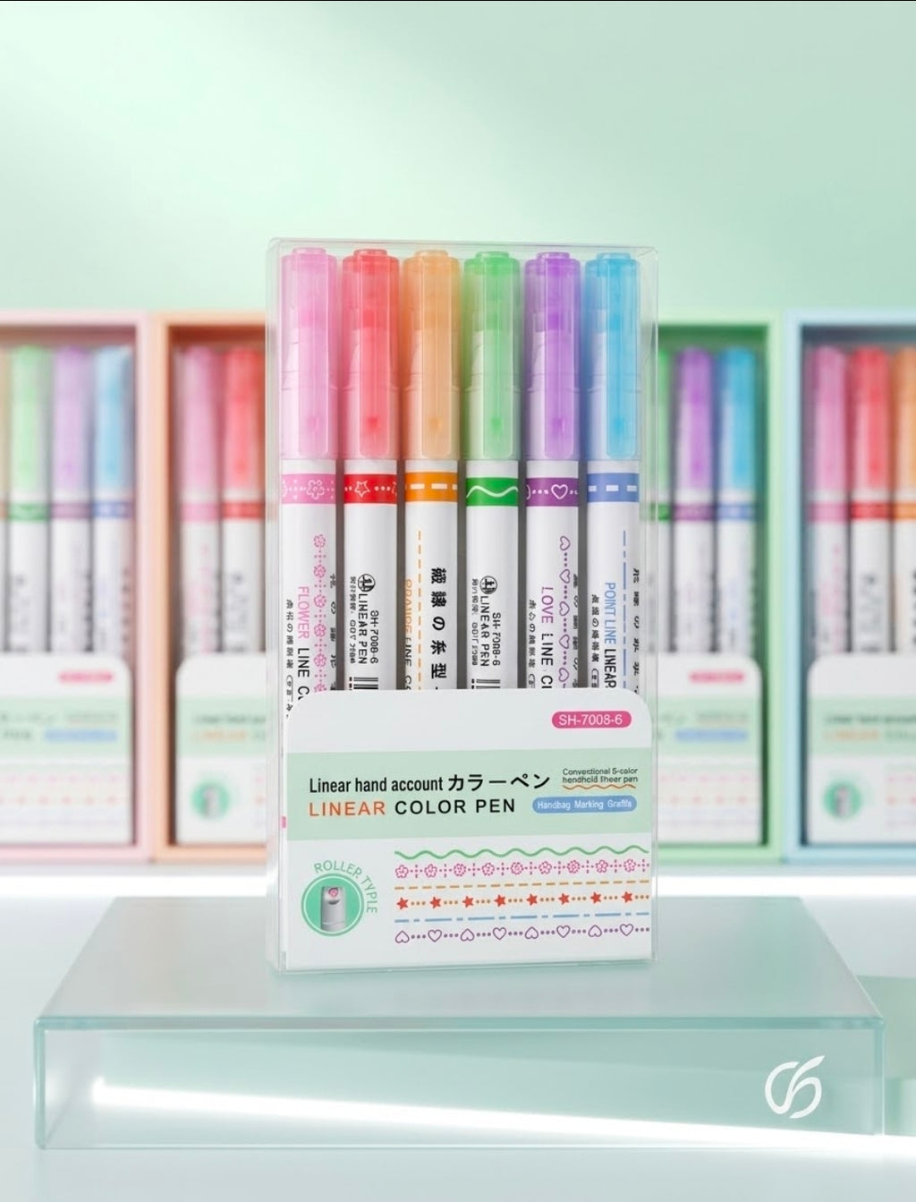 6-Piece Linear Color Roller/Curve Highlighter Pen Set