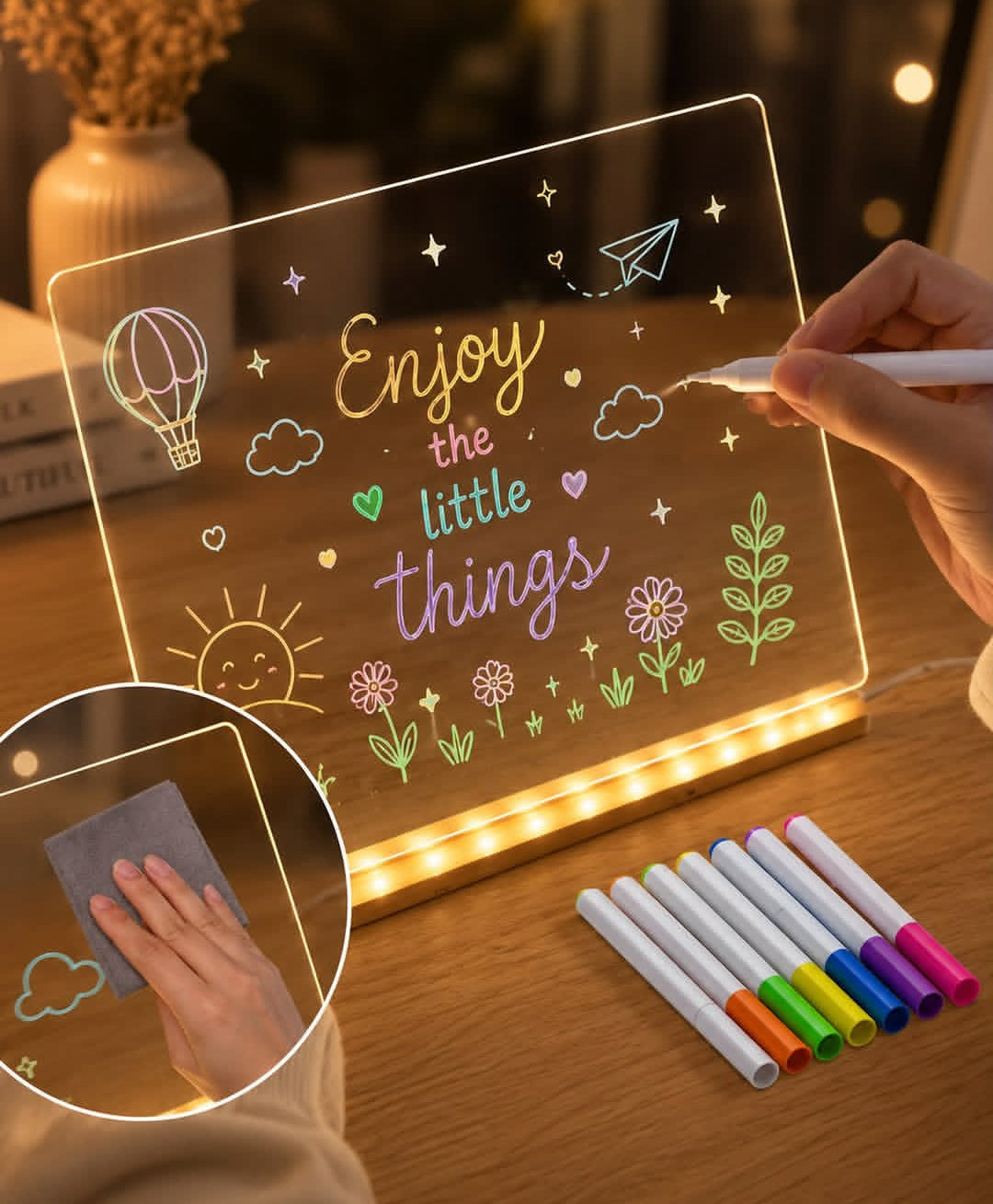 Child drawing on illuminated acrylic board with colorful markers