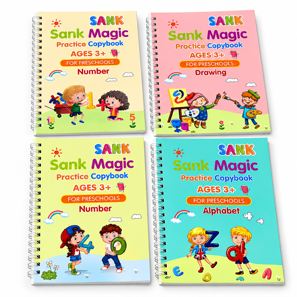 Four spiral-bound children's practice copybooks titled 'SANK Magic Practice Copybook' arranged in a 2x2 grid. The covers are pastel-colored with bright multicolor text and cartoon children performing activities: Number, Drawing, and Alphabet.